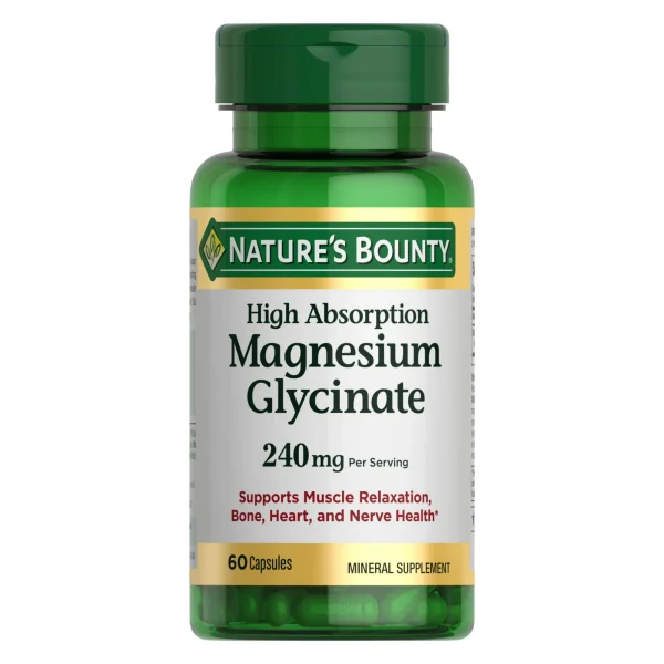 Nature's Bounty Magnesium Glycinate 250mg, 180 capsules, promoting relaxation and muscle function in a convenient bottle.