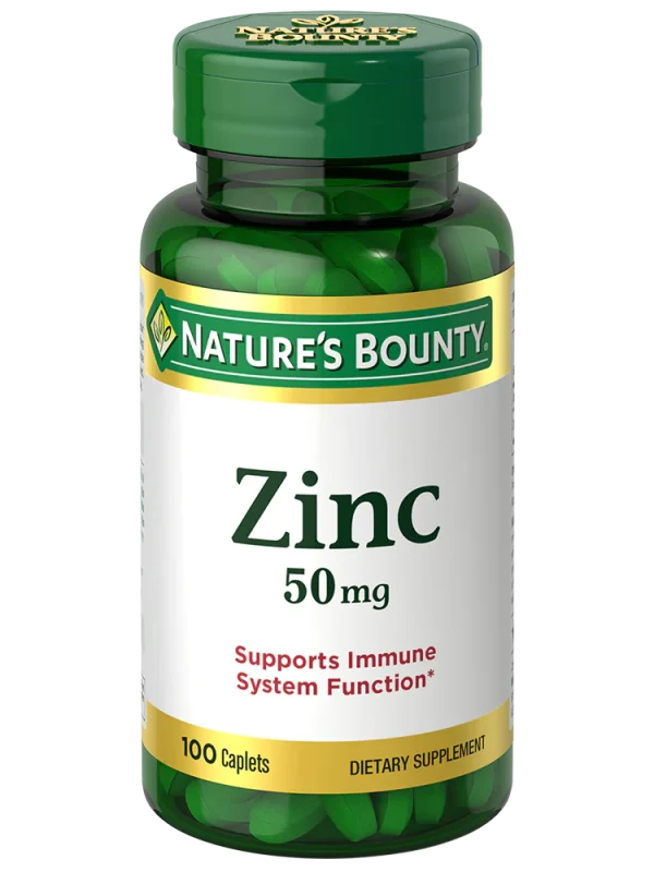 Nature's Bounty Zinc 50 mg supplement bottle with 100 tablets, promoting immune health and overall wellness.