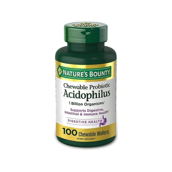Nature's Bounty Acidophilus probiotic supplement, 100 tablets, promoting digestive health and gut balance.