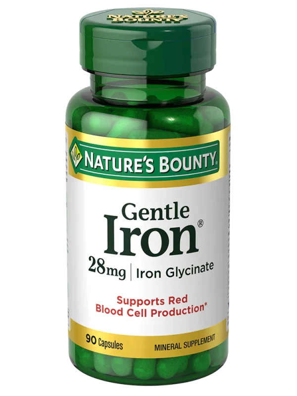 Nature's Bounty Gentle Iron 28mg, 90 capsules, dietary supplement for iron support and overall health.