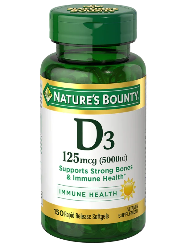 Nature's Bounty Vitamin D3 125mg supplement bottle, promoting immune and bone health, 150 count.