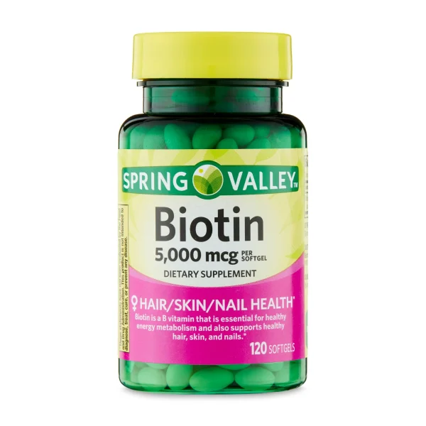 Spring Valley Biotin 5000 mcg supplement, 120 capsules, promotes healthy hair, skin, and nails.