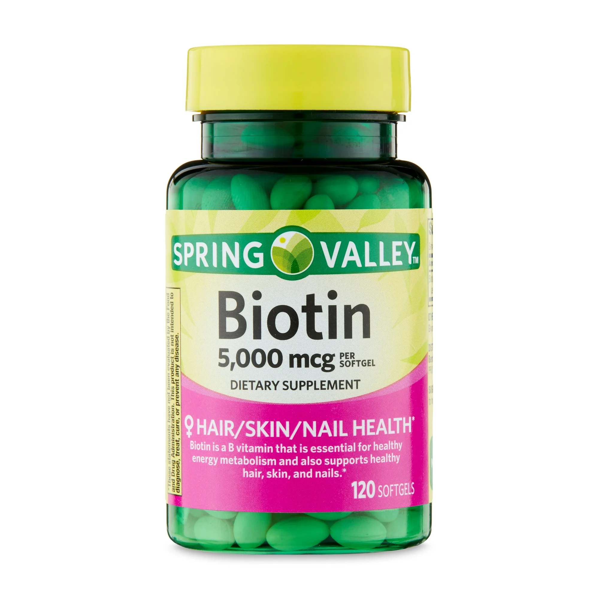 144 Spring Valley Biotin 5000 mcg supplement, 120 capsules, promotes healthy hair, skin, and nails.