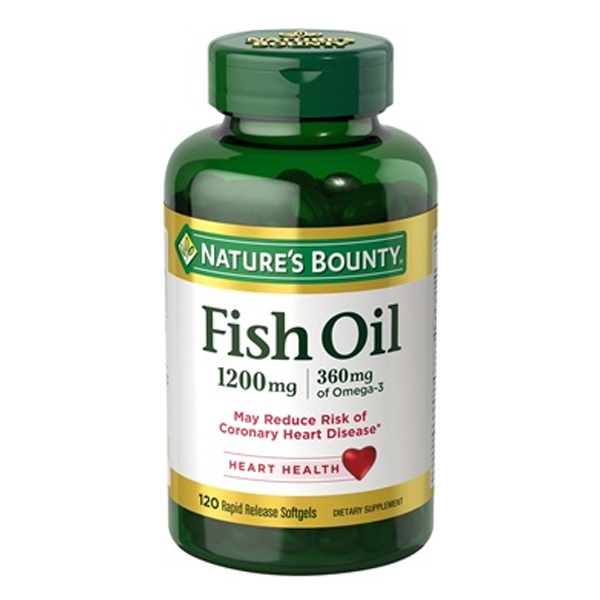 Nature's Bounty Fish Oil 1200mg, featuring 120 softgels, rich in Omega-3 for heart and joint health support.