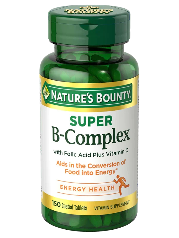 Nature's Bounty Super B-Complex with Folic Acid and Vitamin C, 150 tablets, promoting energy and immune health.