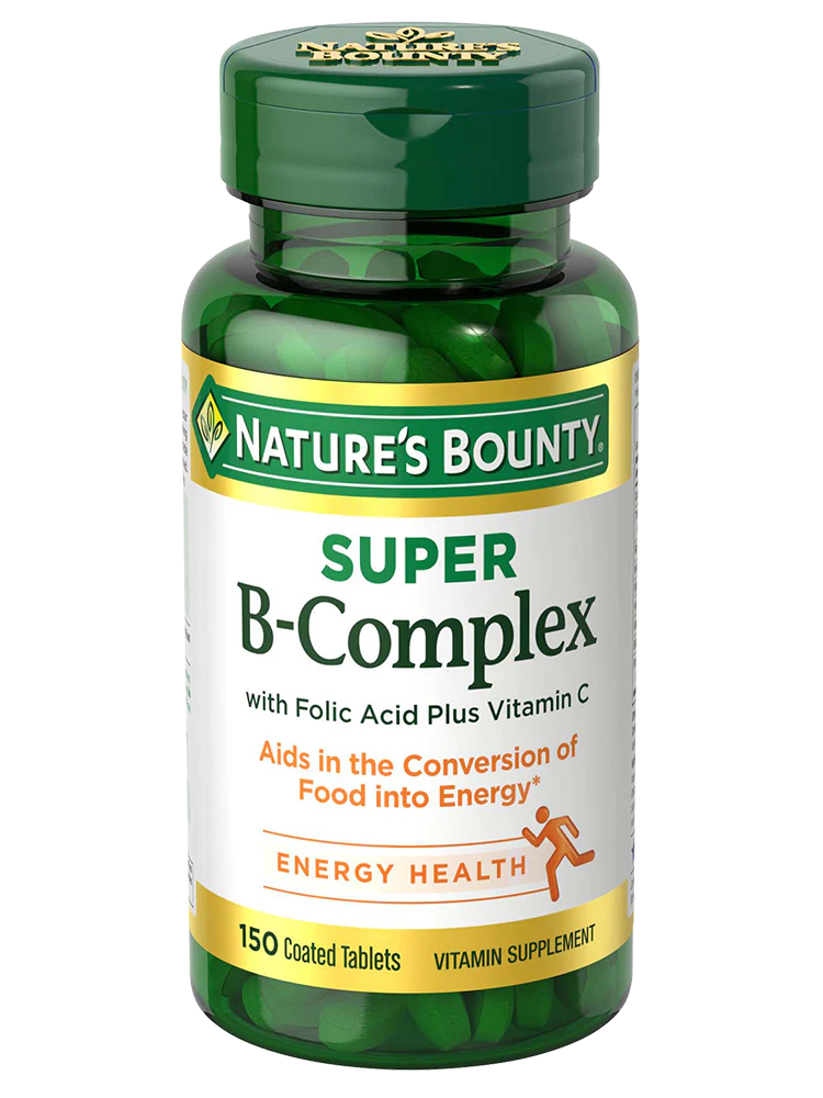 146 Nature's Bounty Super B-Complex with Folic Acid and Vitamin C, 150 tablets, promoting energy and immune health.