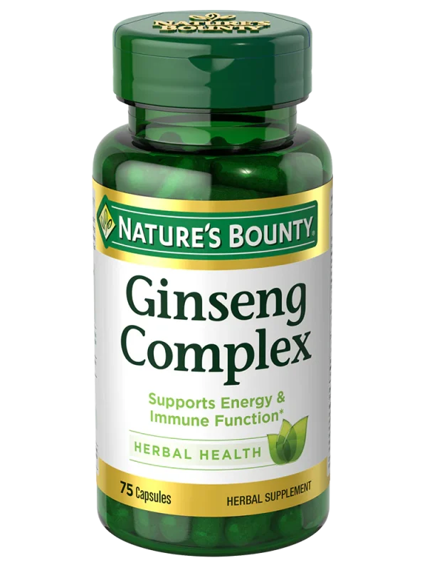 Nature's Bounty Ginseng Complex bottle with 75 capsules, promoting energy and wellness through herbal support.