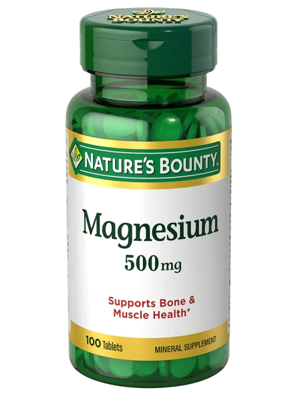 Nature's Bounty Magnesium 500mg supplement bottle with 100 tablets, promoting muscle and nerve function support.