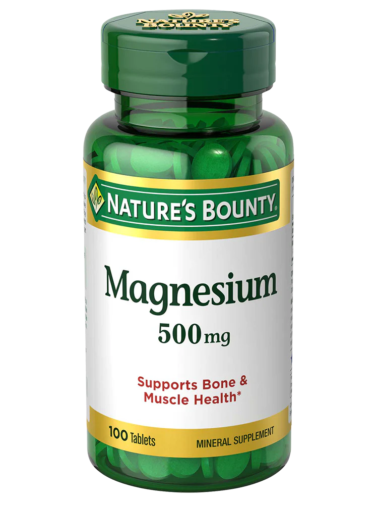 148 Nature's Bounty Magnesium 500mg supplement bottle with 100 tablets, promoting muscle and nerve function support.