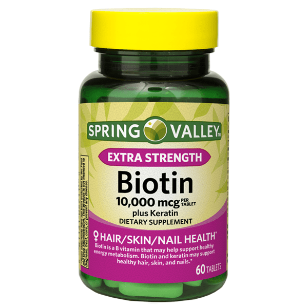 Spring Valley extra strength biotin 1000 mg, 60 softgels for healthy skin, hair, and nails.