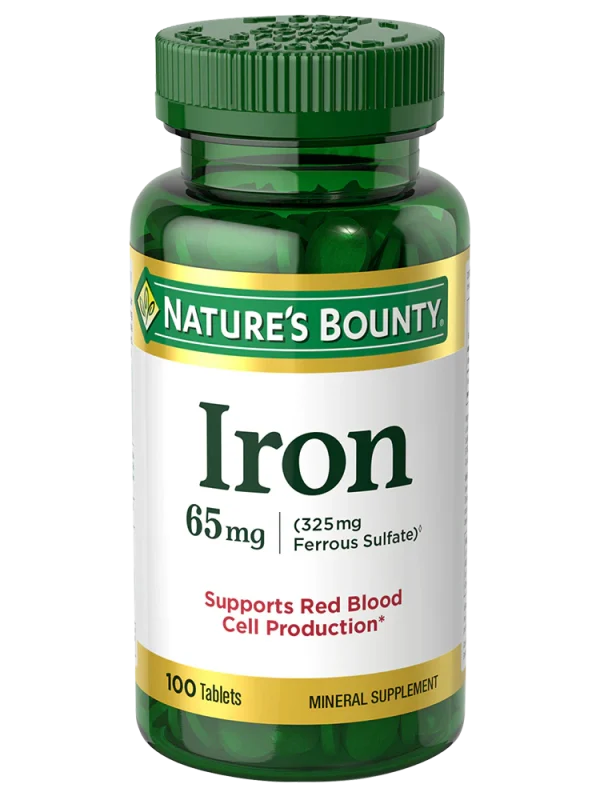 Nature's Bounty Iron 65mg supplement bottle with 100 tablets, promoting iron intake for health and wellness.