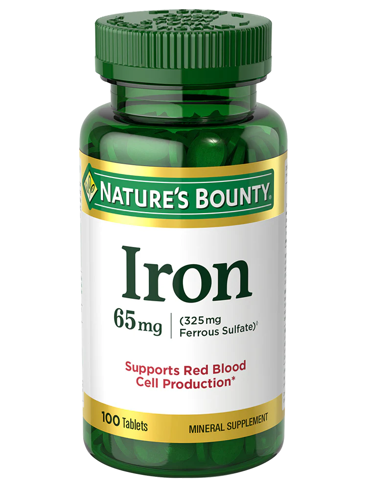 150 Nature's Bounty Iron 65mg supplement bottle with 100 tablets, promoting iron intake for health and wellness.