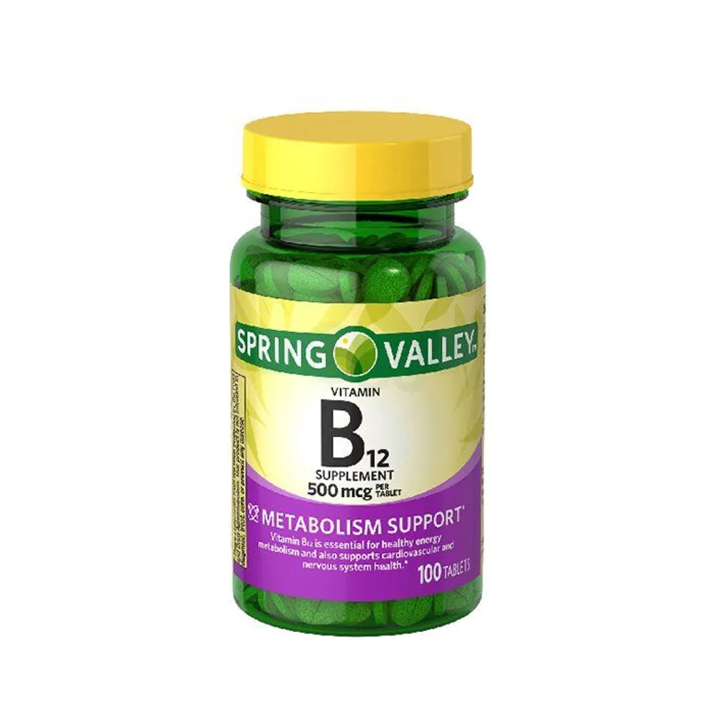 153 Spring Valley Vitamin B12 Metabolism Support, 500mg, 100 tablets, displayed in a clear, labeled packaging.