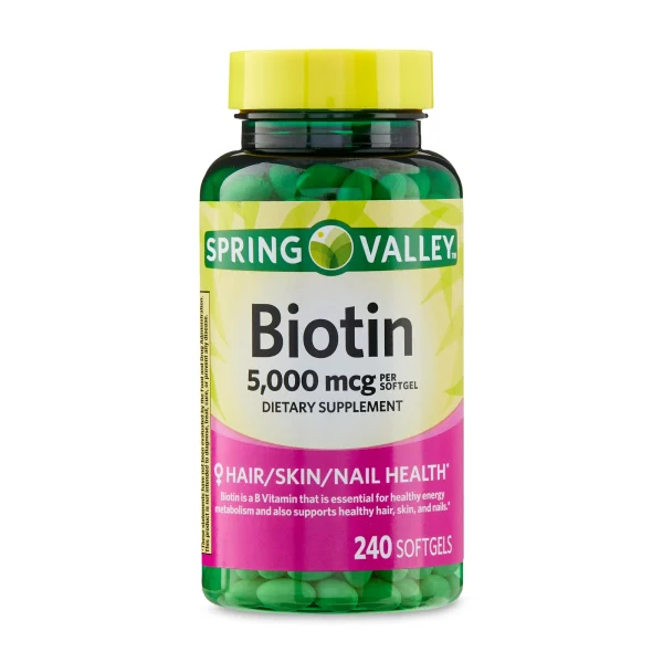 Spring Valley Biotin 5000 mcg, 240 softgels bottle, promoting healthy hair, skin, and nails.