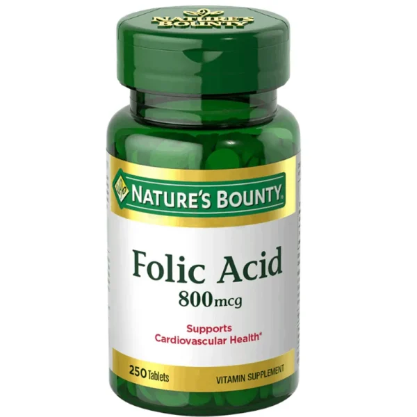 Nature's Bounty Folic Acid 800 mcg supplement, 250 rapid release softgels, promoting health and wellness.