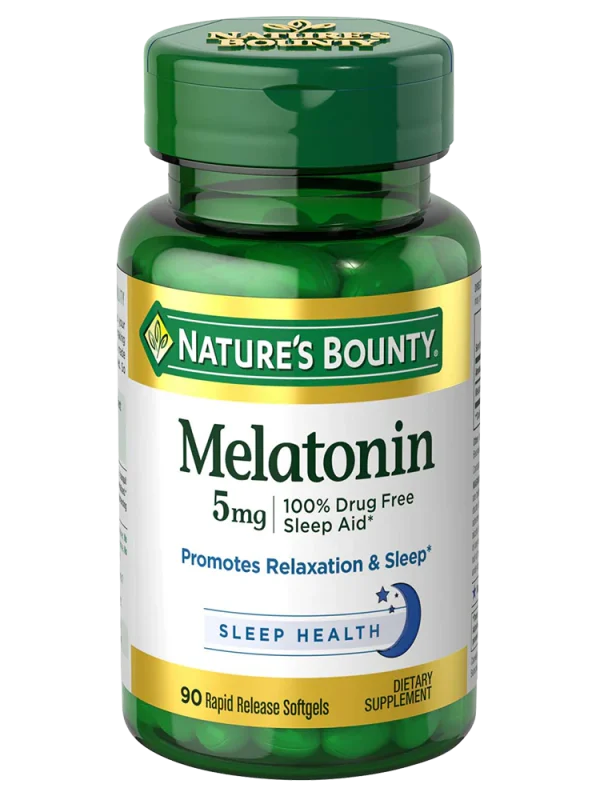 Nature's Bounty melatonin softgel capsules, 5mg, in a bottle containing 90 capsules for sleep support.