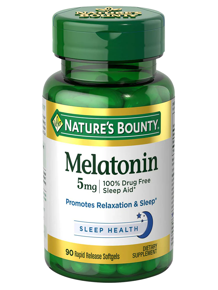Nature's Bounty melatonin softgel capsules, 5mg, in a bottle containing 90 capsules for sleep support.