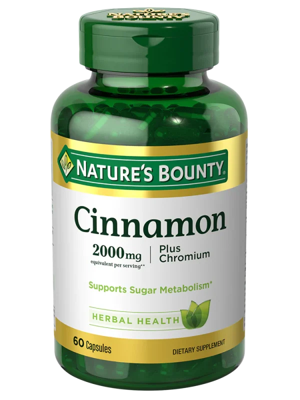 Nature's Bounty Cinnamon 2000 mg supplement bottle, promoting sugar metabolism with 60 capsules.