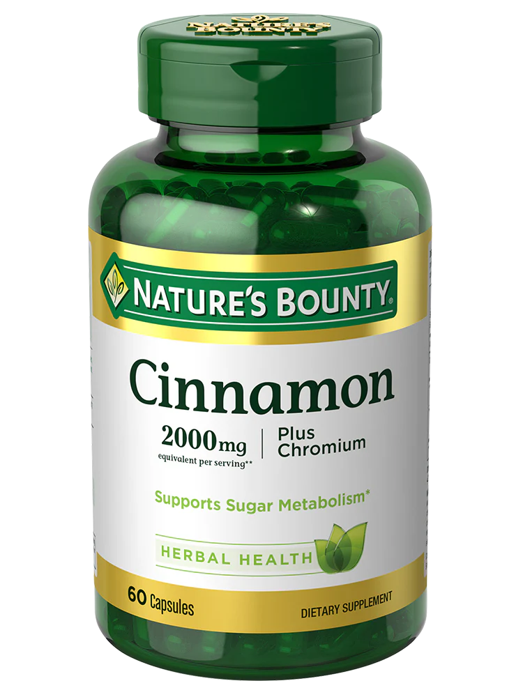 Nature's Bounty Cinnamon 2000 mg supplement bottle, promoting sugar metabolism with 60 capsules.