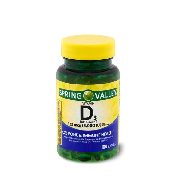 Spring Valley Vitamin D3 125mcg 5000IU, 100 capsules, displayed in a bottle with a green label and white cap.