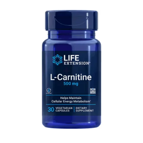 Life Extension L-Carnitine 500mg supplement, 30 capsules, designed to support energy metabolism and overall health.