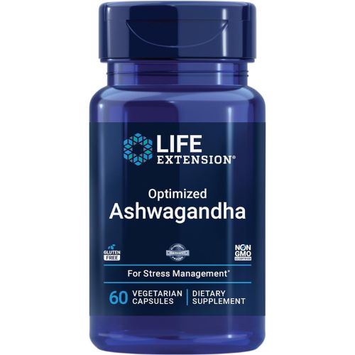 Life Extension magnesium capsules, 500mg, alongside Optimized Ashwagandha, 60 capsules, displayed on a white background.