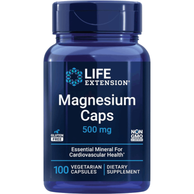 Life Extension Magnesium Caps 500 mg, 100 vegetarian capsules for men and women, promoting overall health and wellness.