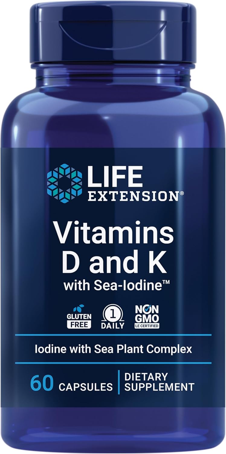 Life Extension Vitamins D and K with Sea-Iodine, 60 capsules, displayed in a bottle with a label highlighting key ingredients.