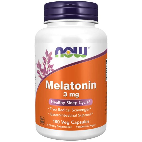 Now Foods Melatonin 3mg, 120 softgels, dietary supplement for sleep support and relaxation.