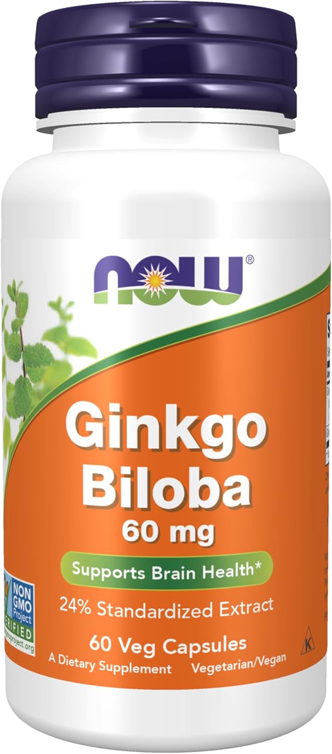 NOW Foods Ginkgo Biloba 60mg, 24% extract, in a bottle containing 120 vegetarian capsules for dietary supplementation.