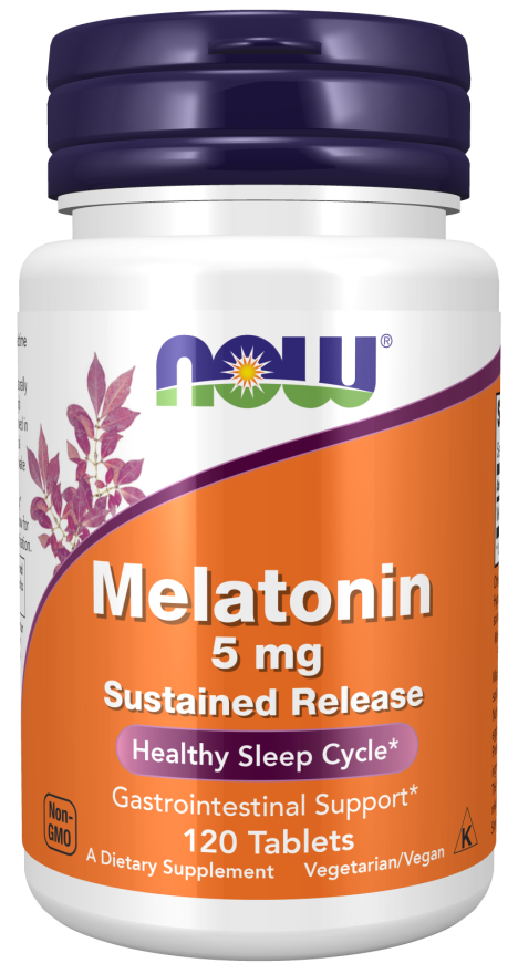 NOW Foods Melatonin 5 mg sustained release tablets, 120 count, for improved sleep quality and relaxation support.