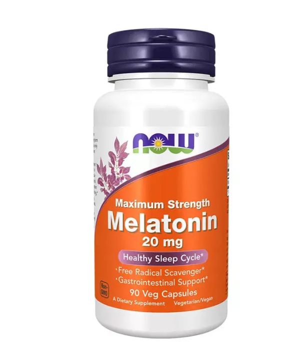 NOW Maximum Strength Melatonin 20 mg, 90 vegetarian capsules for sleep support and relaxation.