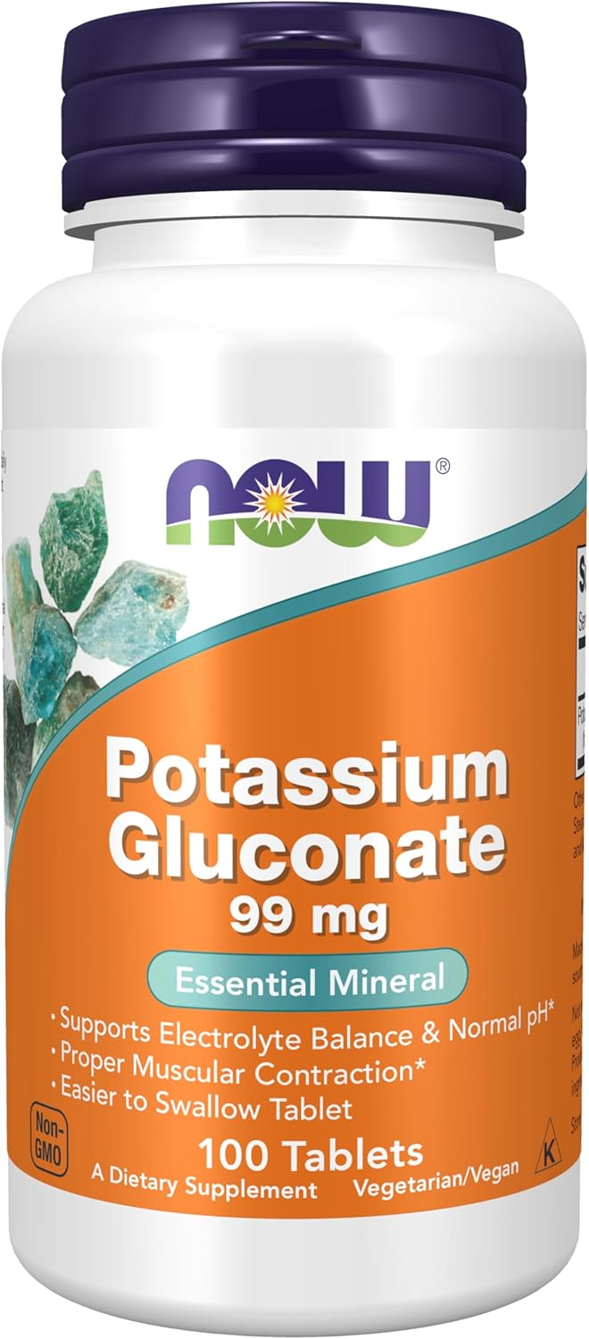 NOW Foods Potassium Gluconate 99mg, 100 capsules, dietary supplement for potassium support.