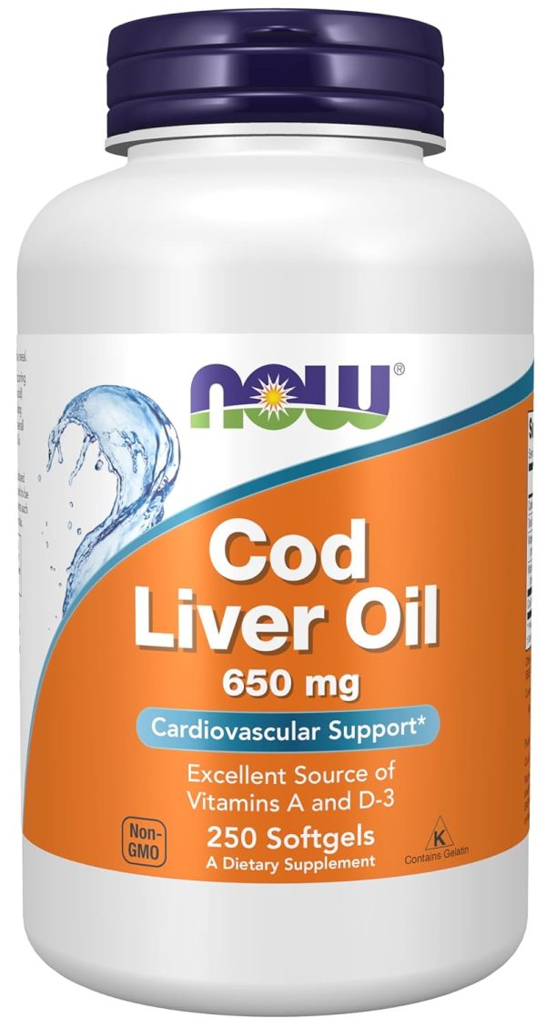 NOW Foods Cod Liver Oil, 600 mg, 60 softgel capsules, rich in vitamins A and D-3 for health support.