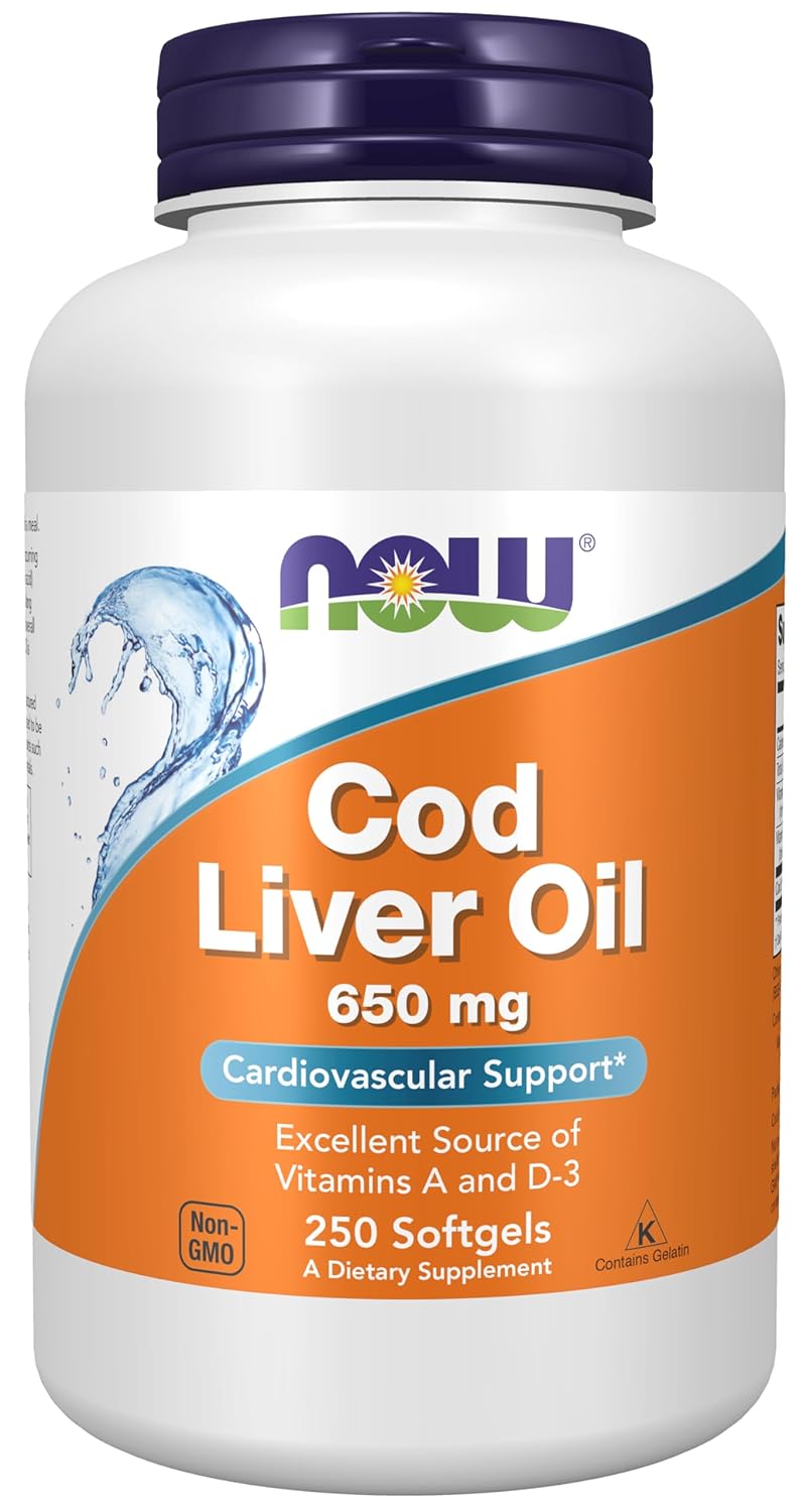 NOW Foods Cod Liver Oil, 600 mg, 60 softgel capsules, rich in vitamins A and D-3 for health support.