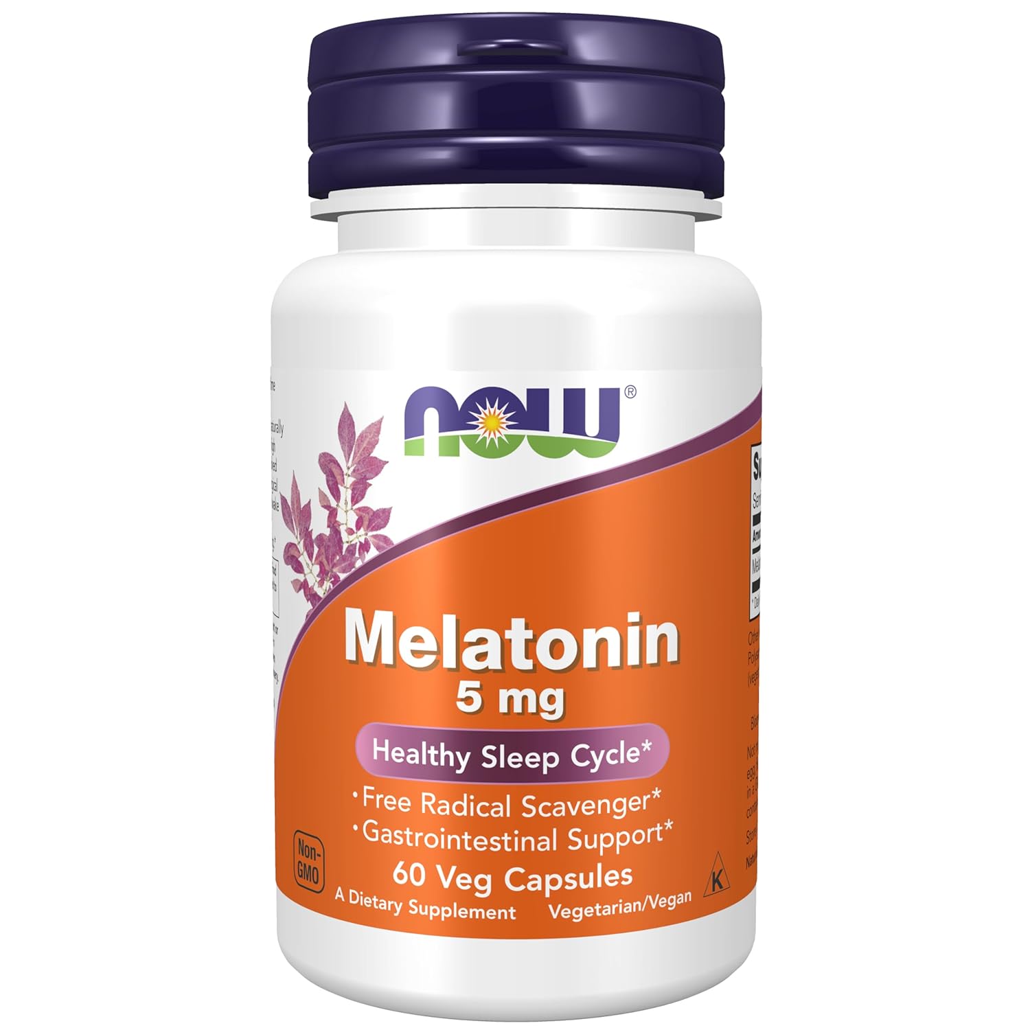 176 NOW Melatonin 5 mg Healthy Sleep supplement, 60 capsules for improved sleep quality and relaxation.