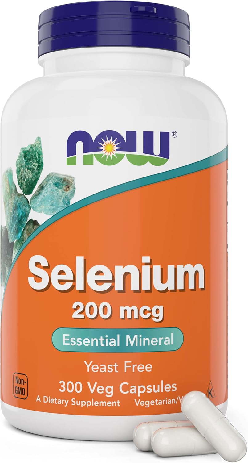 Now Selenium 200 mcg essential mineral supplement in 90 vegan capsules, promoting health and wellness.