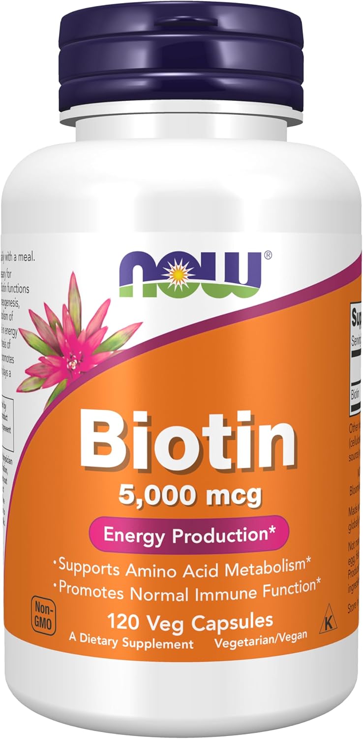 Now Foods Biotin 5000 mcg, 120 vegetarian capsules for amino acid metabolism support.