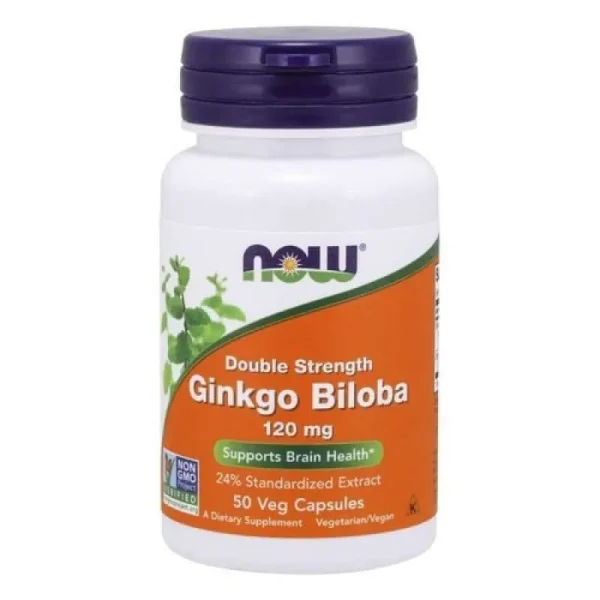 NOW Ginkgo Biloba 120 mg Double Strength, 50 vegetarian capsules in a bottle for cognitive support and memory enhancement.