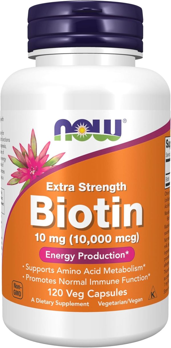 NOW Foods Extra Strength Biotin 10 mg, 120 capsules, supports healthy hair, skin, and nails.