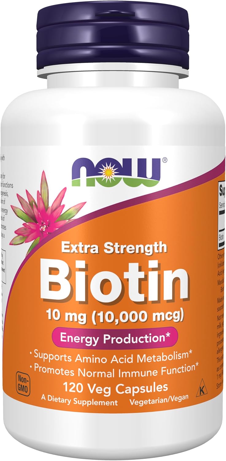 182 NOW Foods Extra Strength Biotin 10 mg, 120 capsules, supports healthy hair, skin, and nails.