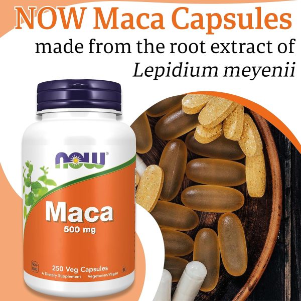 NOW Foods Maca 500 mg, 250 vegetarian capsules for men and women, promoting energy and vitality.