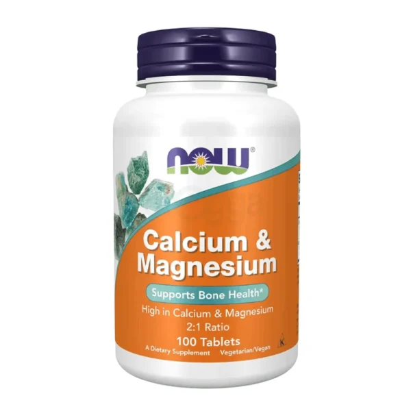 NOW Calcium & Magnesium 100 tablets bottle, featuring a blue label with white text and a green cap.
