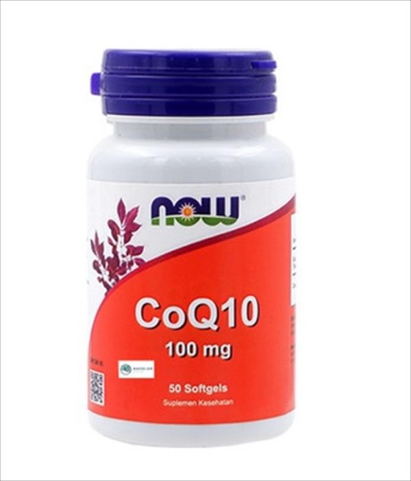 NOW CoQ10 100mg softgels for cardiovascular health, packaged in a bottle containing 50 tablets.