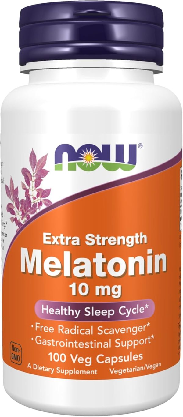 NOW Extra Strength Melatonin 10 mg, 100 vegetarian capsules for sleep support and relaxation.