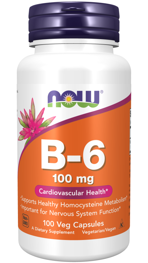 NOW Foods Vitamin B-6 100 mg supplement in a bottle containing 250 vegetarian capsules.
