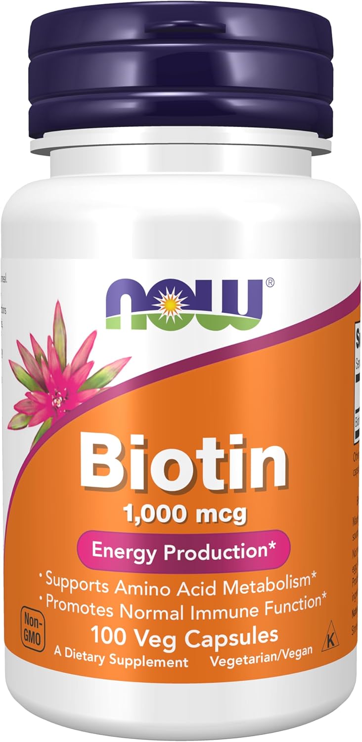 NOW Foods Biotin 1000 mcg supplement, 100 vegetarian capsules, for healthy hair, skin, and nails support.