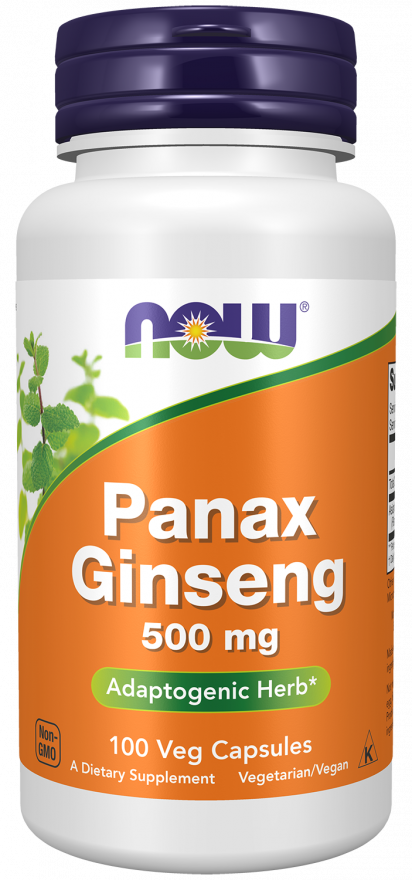 Now Panax Ginseng 500 mg, 100 vegetarian capsules, displayed on a white background for dietary supplement use.