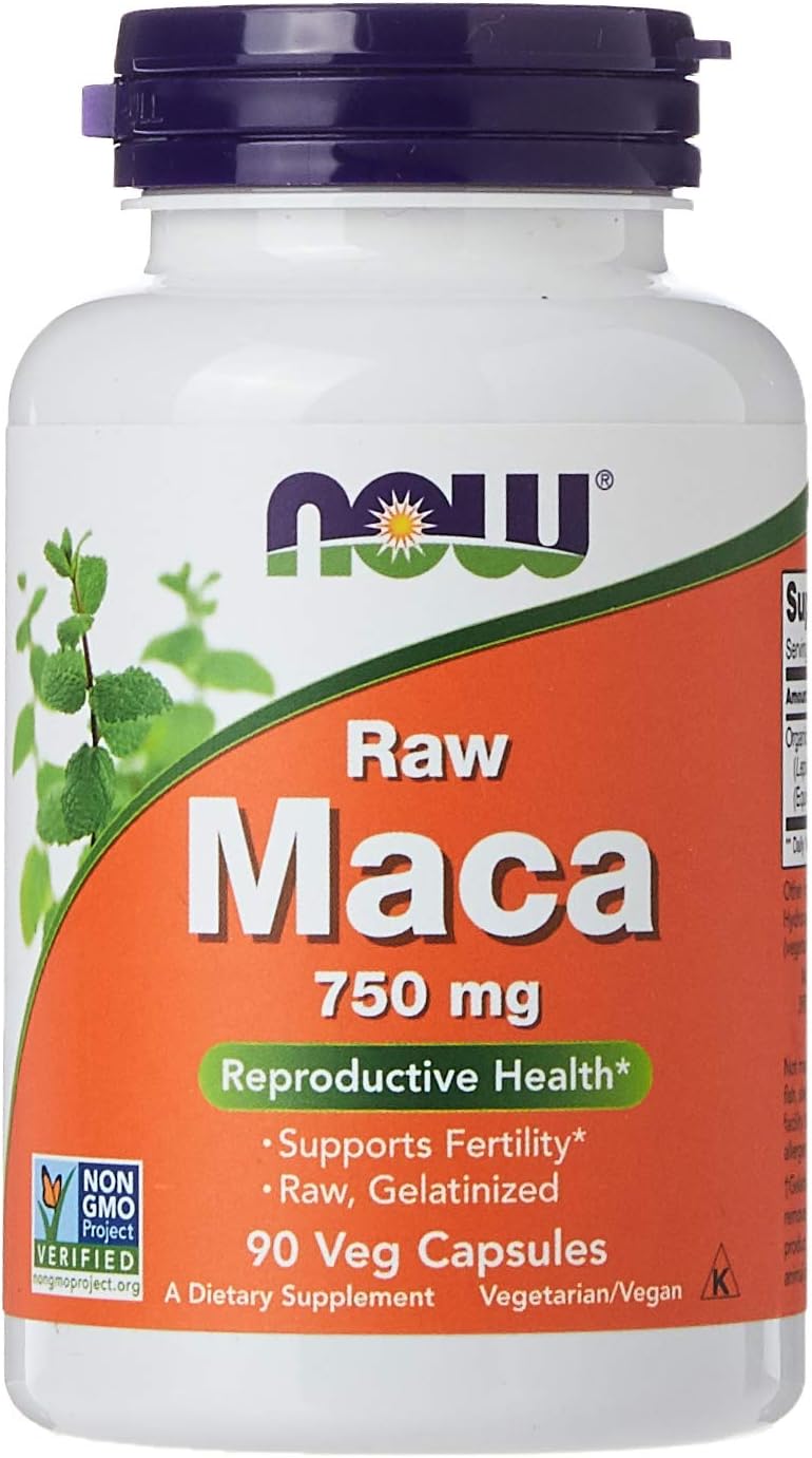 Now Foods Raw Maca 750 mg, 90 vegetarian capsules for reproductive health support.