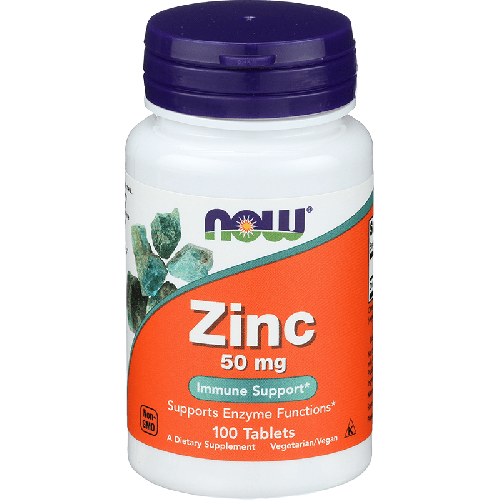 NOW Zinc 50 mg supplement bottle, containing 100 tablets of Zinc Gluconate for immune support and overall health.